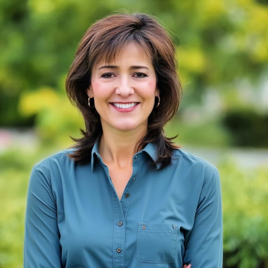 Patricia Smith, Atlanta paint color consultant — smiling in a garden in a teal shirt