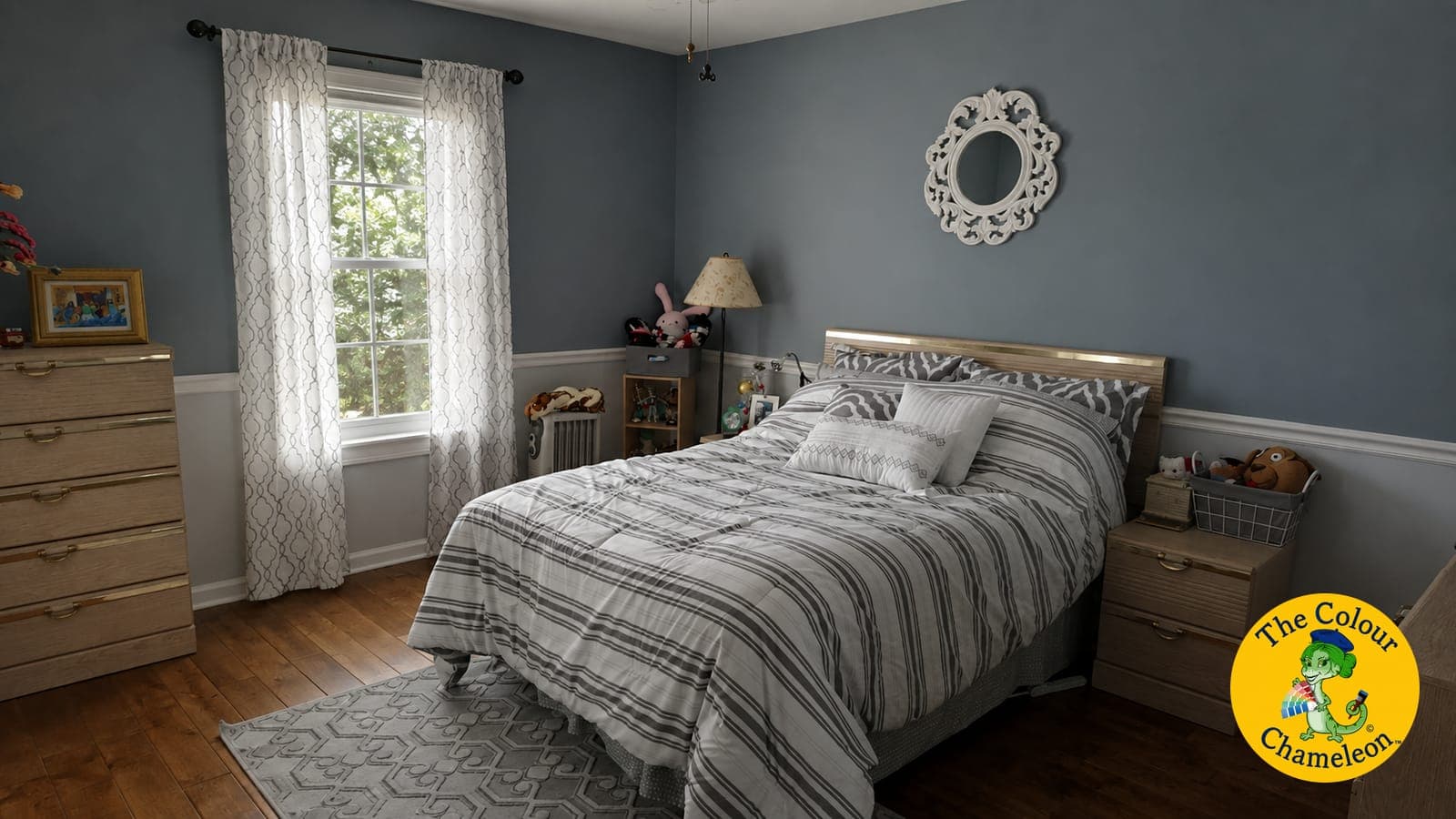 The same room in slate blue-gray with white wainscot, sheer curtains and gray striped bedding
