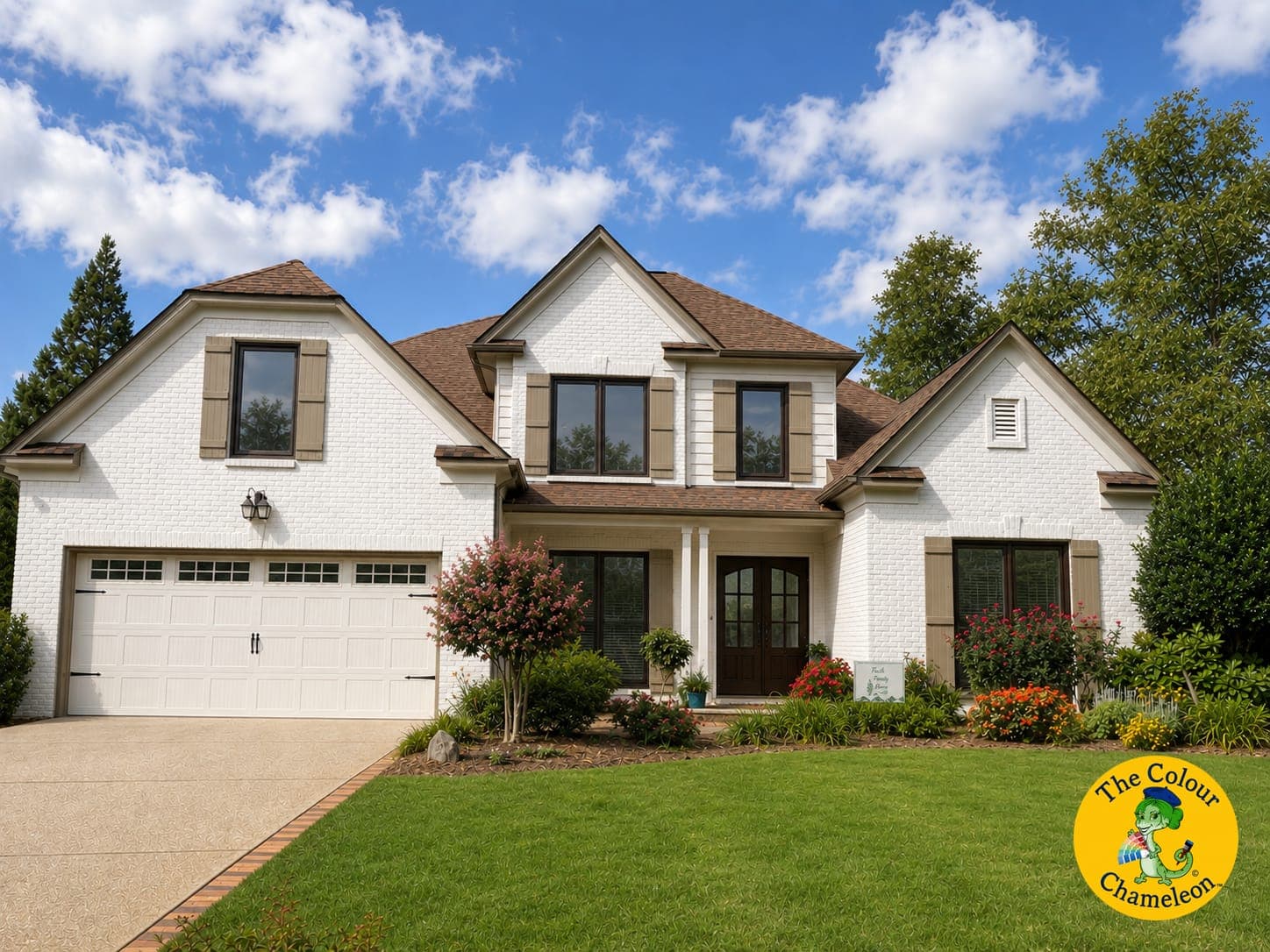 The same house with the brick painted soft white, taupe-green shutters, black-framed windows and a white garage door