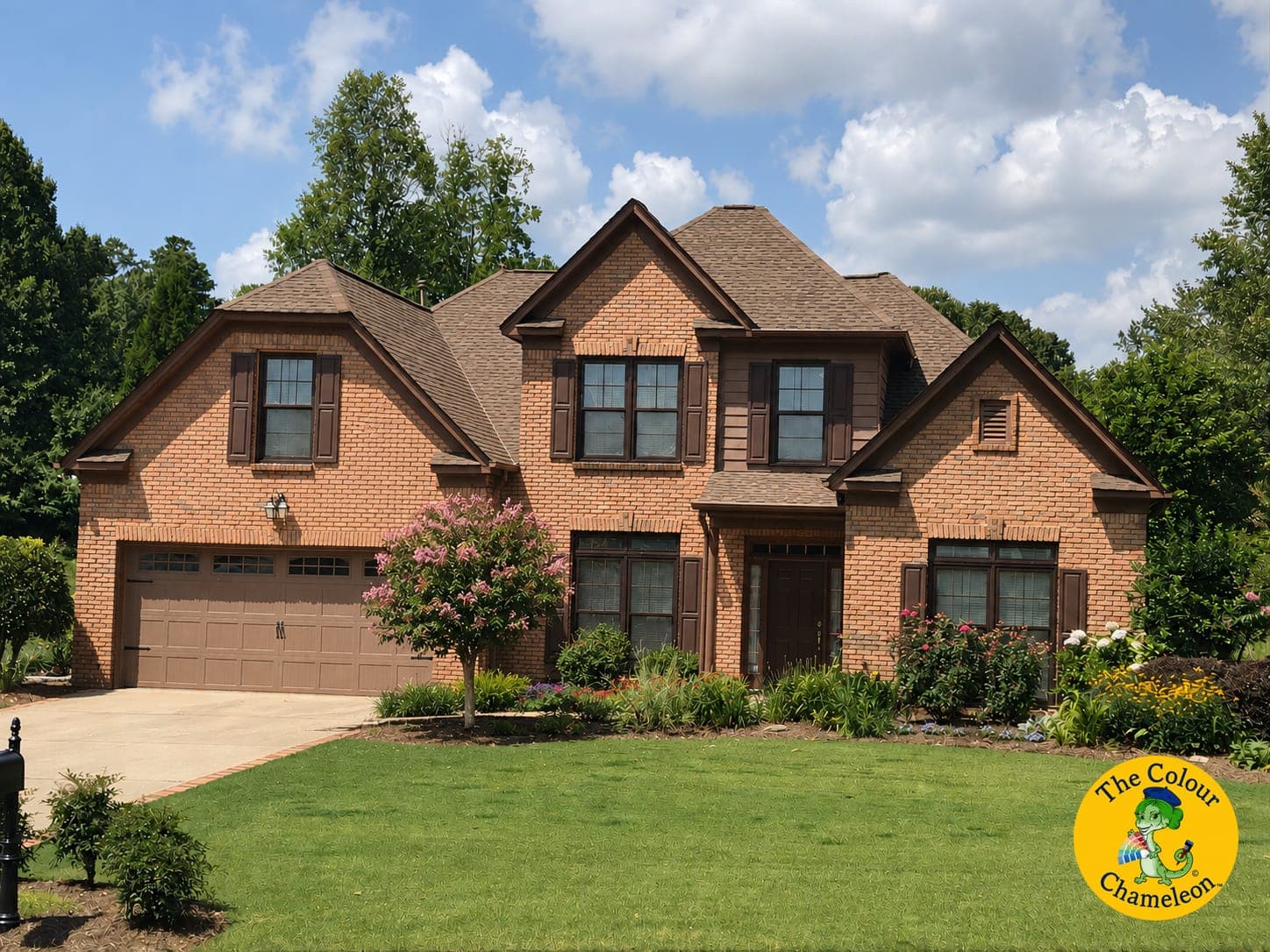 A two-story house in red-orange brick with dark brown shutters, trim and garage door