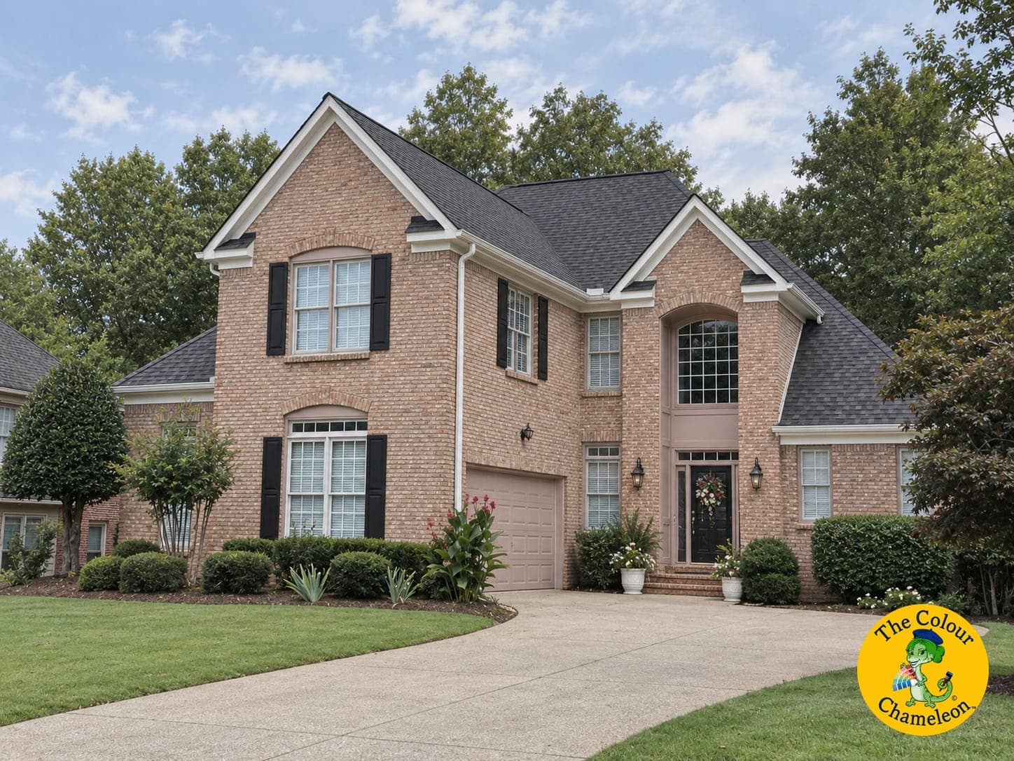 A two-story brick house reading pink, with mauve trim and dark brown shutters