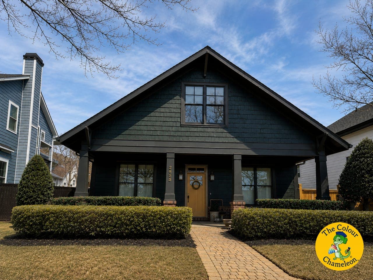 The same bungalow in deep charcoal-teal with a mustard-yellow front door