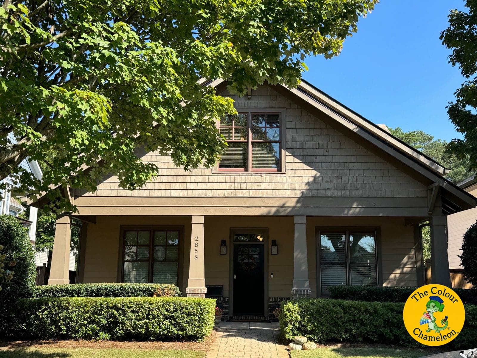 A craftsman bungalow in olive-tan siding and shingles with brown trim