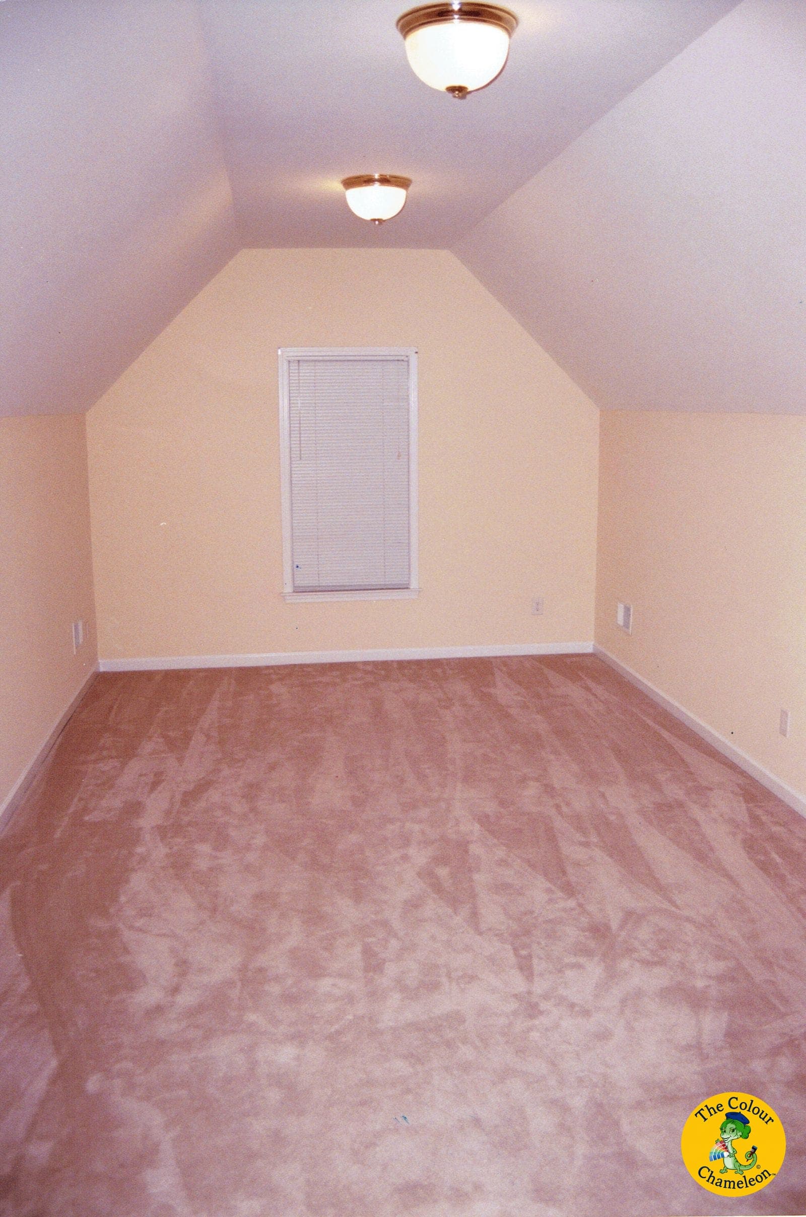 An empty bonus room with sloped ceilings, pale pink walls and mauve carpet