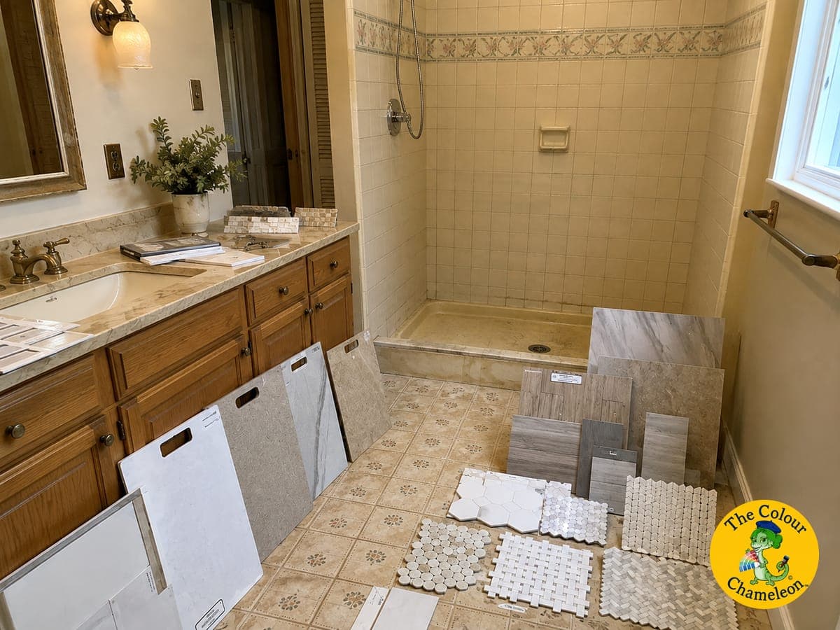 A dated cream-tiled bathroom mid-selection, with marble, wood-look and mosaic tile samples propped against the vanity and laid out across the floor
