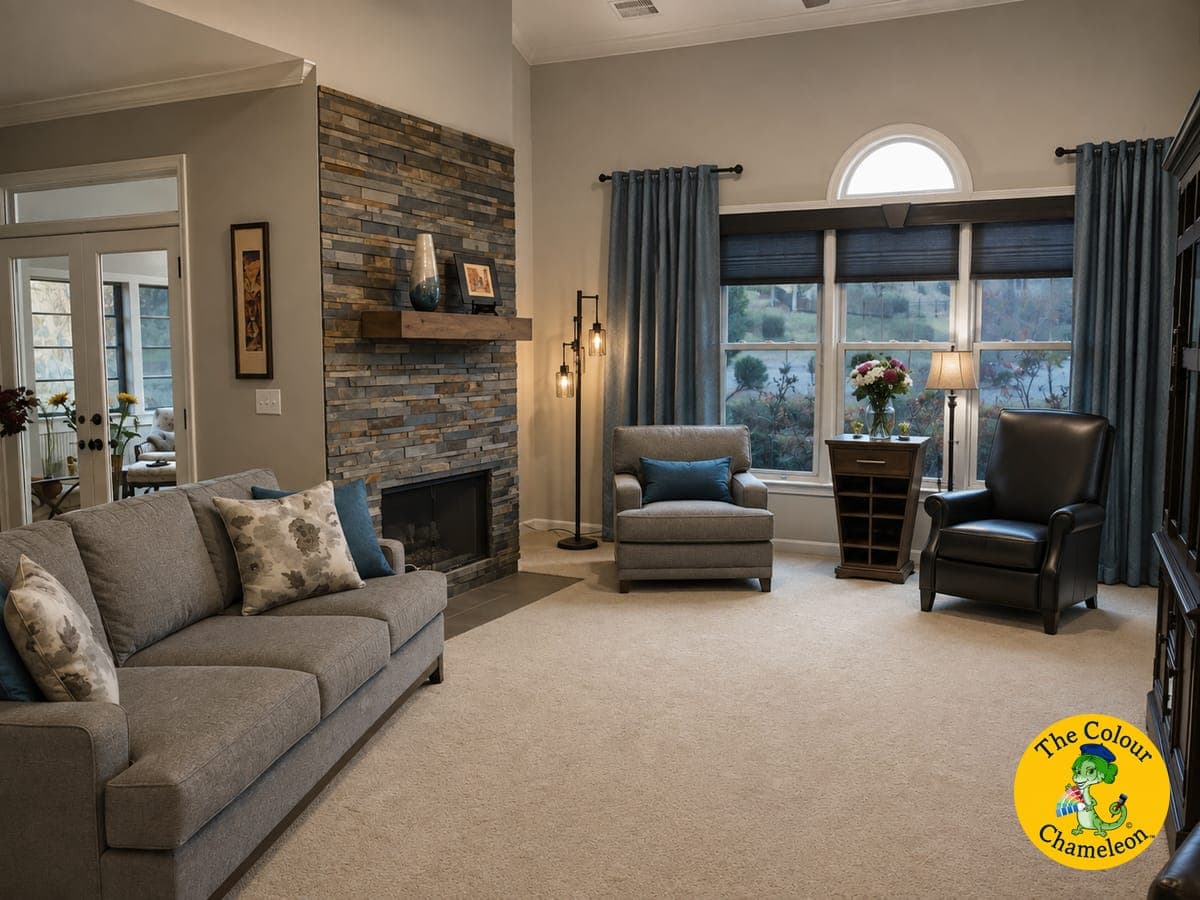 A living room after redecorating — grey sofa and armchairs, blue accent pillows and curtains, and a stacked-stone fireplace with a reclaimed wood mantel